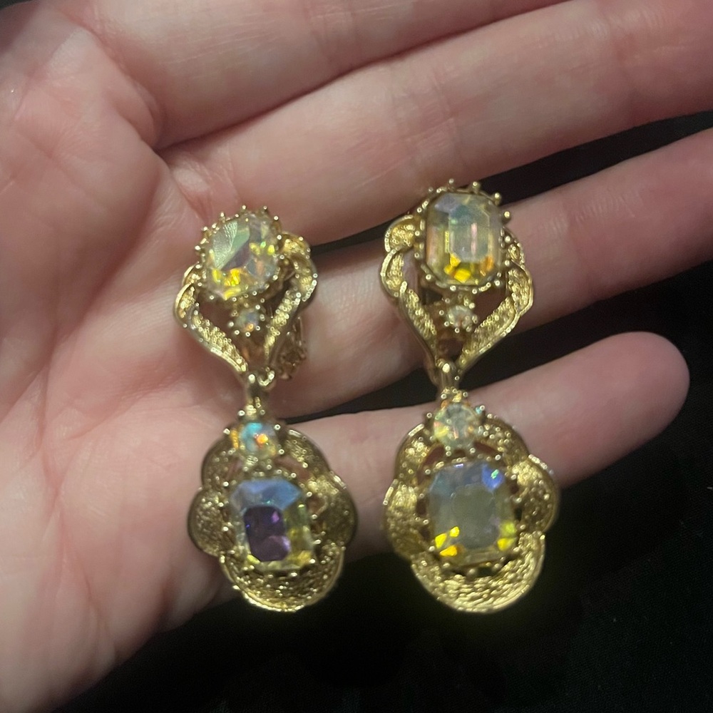 Vintage Gold Tone Drop Earrings with Aurora Borealis Stones Coro